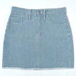 Madewell Blue Plaid Gingham Skirt Stretch Denim Mini Western Fringe Hem SZ 27